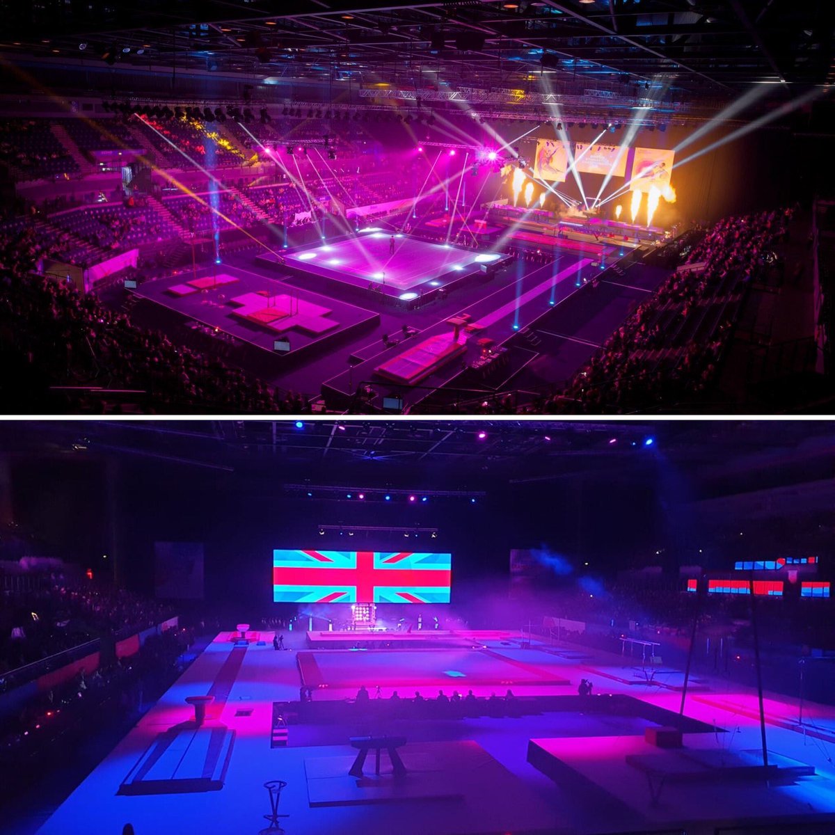 RachSeeMore's tweet photo. It’s a privilege to be able to build the stage for the best of @BritGymnastics gymnasts to compete &amp; gutted we’re missing out on staging 2020s! Two of my personal fav’s below - 2015 (top) &amp; 2019. To our gymnasts - stay strong! To our fans - 2019s finals are on tomorrow 🤸‍♀️ https://t.co/cwhv1jjh1s