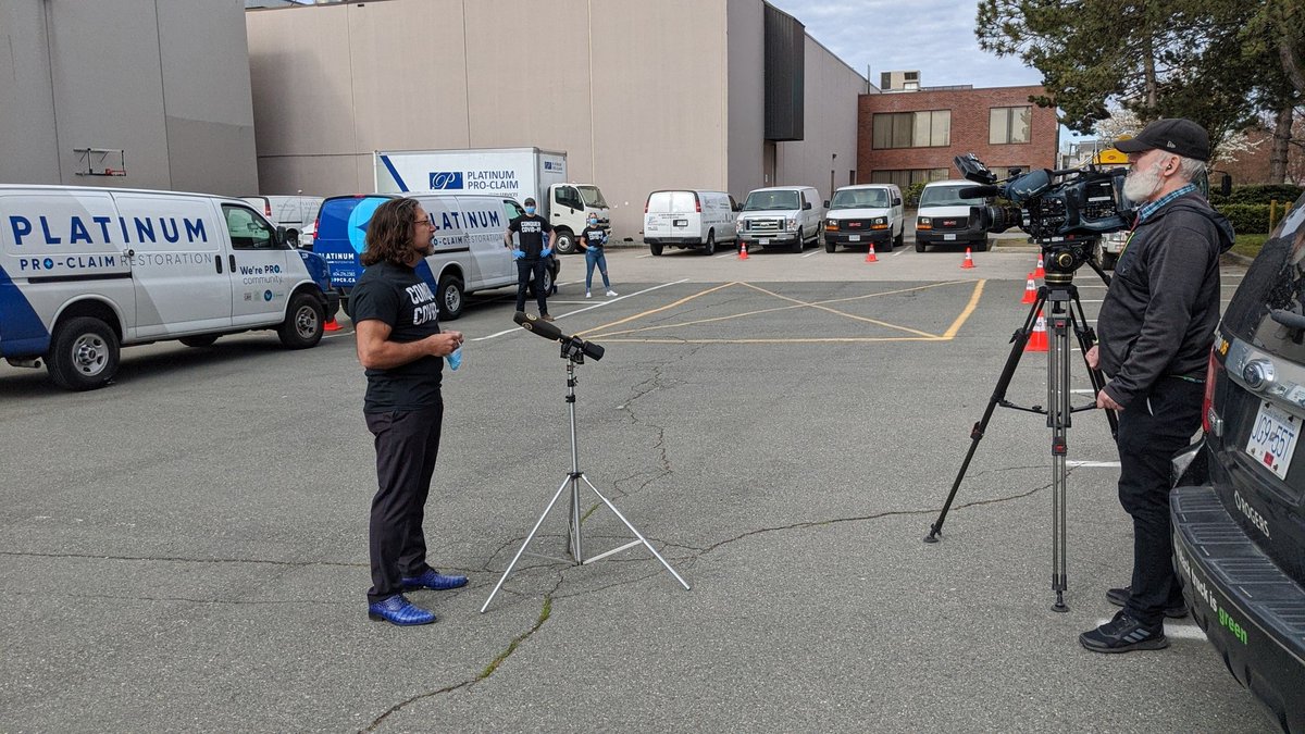 PlatinumProClm's tweet photo. Getting some news coverage at our #ppedrive in #yvr today! #donatingppe #ConquerCOVID19 https://t.co/ClkqXYTf1D