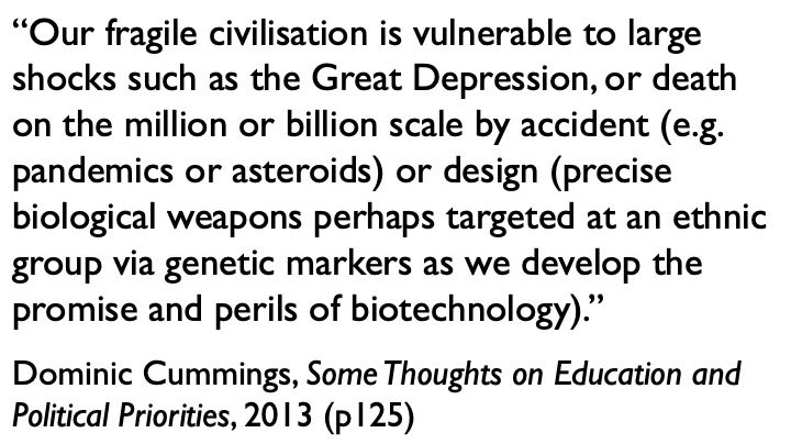 In his confused and rambling paper from 2013, Cummings also wrote this , which is suddenly all the more disturbing given that we are in the middle of a global pandemic. Ethnically-targeted mass murder is a strange subject for a paper on education policy…   #eugenics  #racism