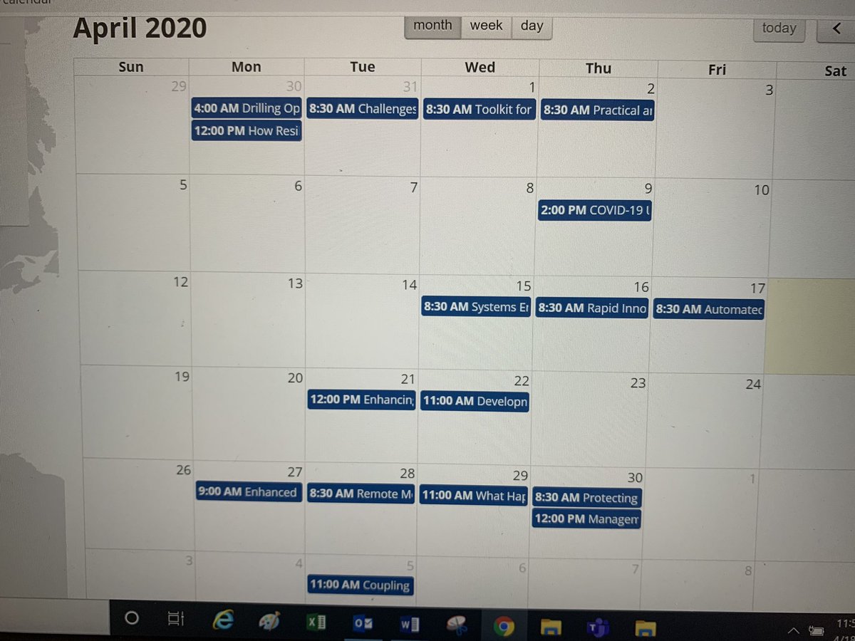 shauna_noonan's tweet photo. Wow, we have scheduled a lot of SPE live webinars this month and next.  I’m going to sign up for a few and then watch an on-demand one while continuing to stay safe at home.  I think this weekend, I’ll learn more about drilling.#SPEStayStrong #SaferAtHome #WeAreSPE #SPEStrong https://t.co/b9m1uvyNOr