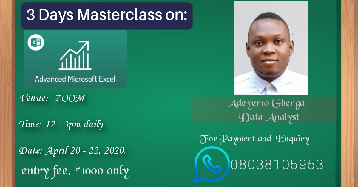 Gbenga4Excel's tweet image. Come out of covid-19 with the confidence that you have gained some skills in Microsoft Excel (Advanced Level)

Call 08038105953 if you are interested