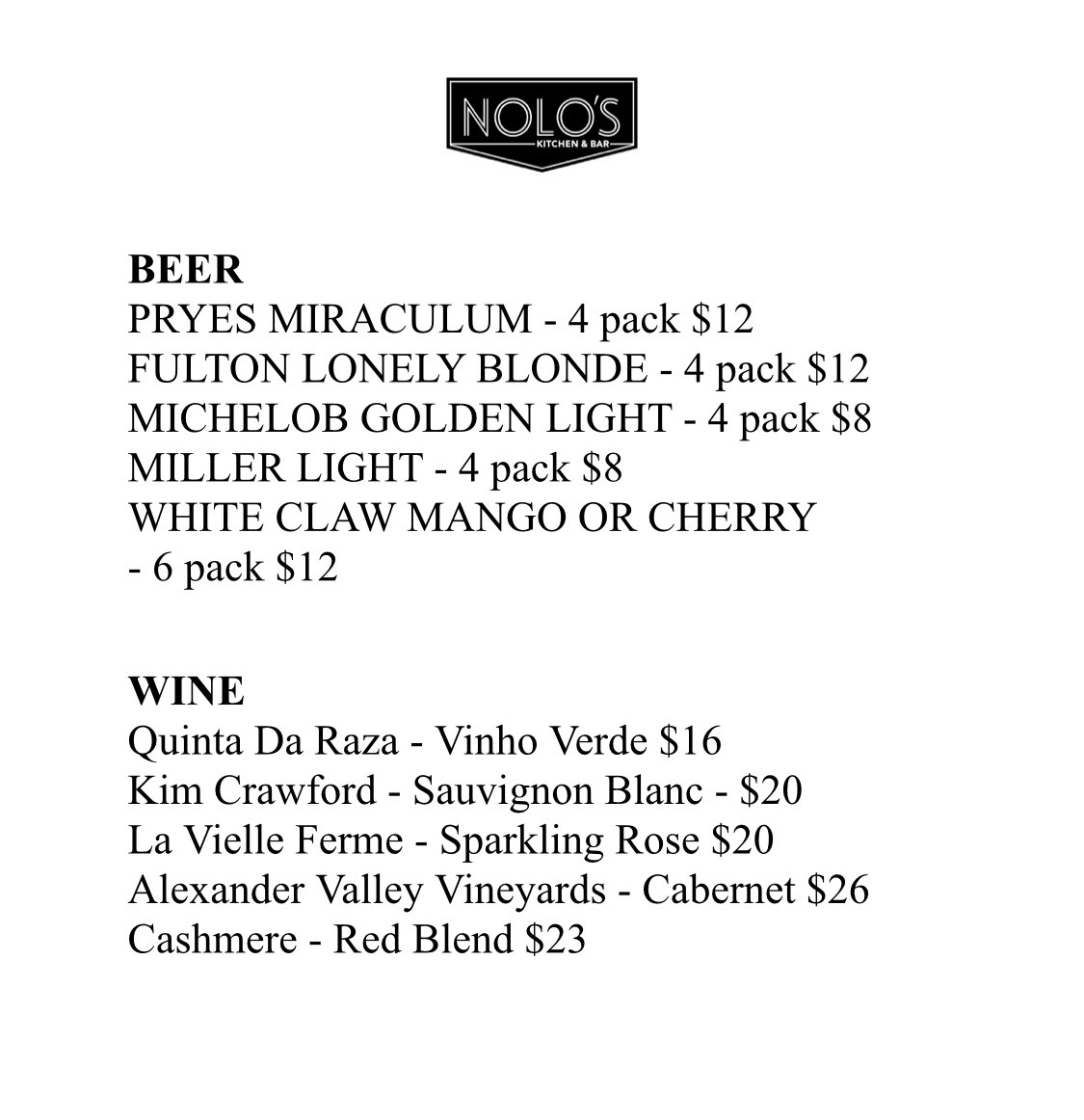 We’re now selling beer, wine and Claws with takeout orders!