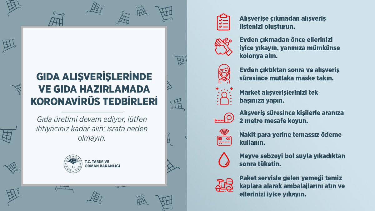T.C. Tarım ve Orman Bakanlığı (<a href="/TCTarim/">T.C. Tarım ve Orman Bakanlığı</a>) adlı kişiden tweet T.C. Tarım ve Orman Bakanlığı (<a href="/TCTarim/">T.C. Tarım ve Orman Bakanlığı</a>) Tweetledi: GIDA ALIŞVERİŞLERİNDE VE GIDA HAZIRLAMADA ALINMASI GEREKEN KORONAVİRÜS TEDBİRLERİ  x.com/TCTarim/status…