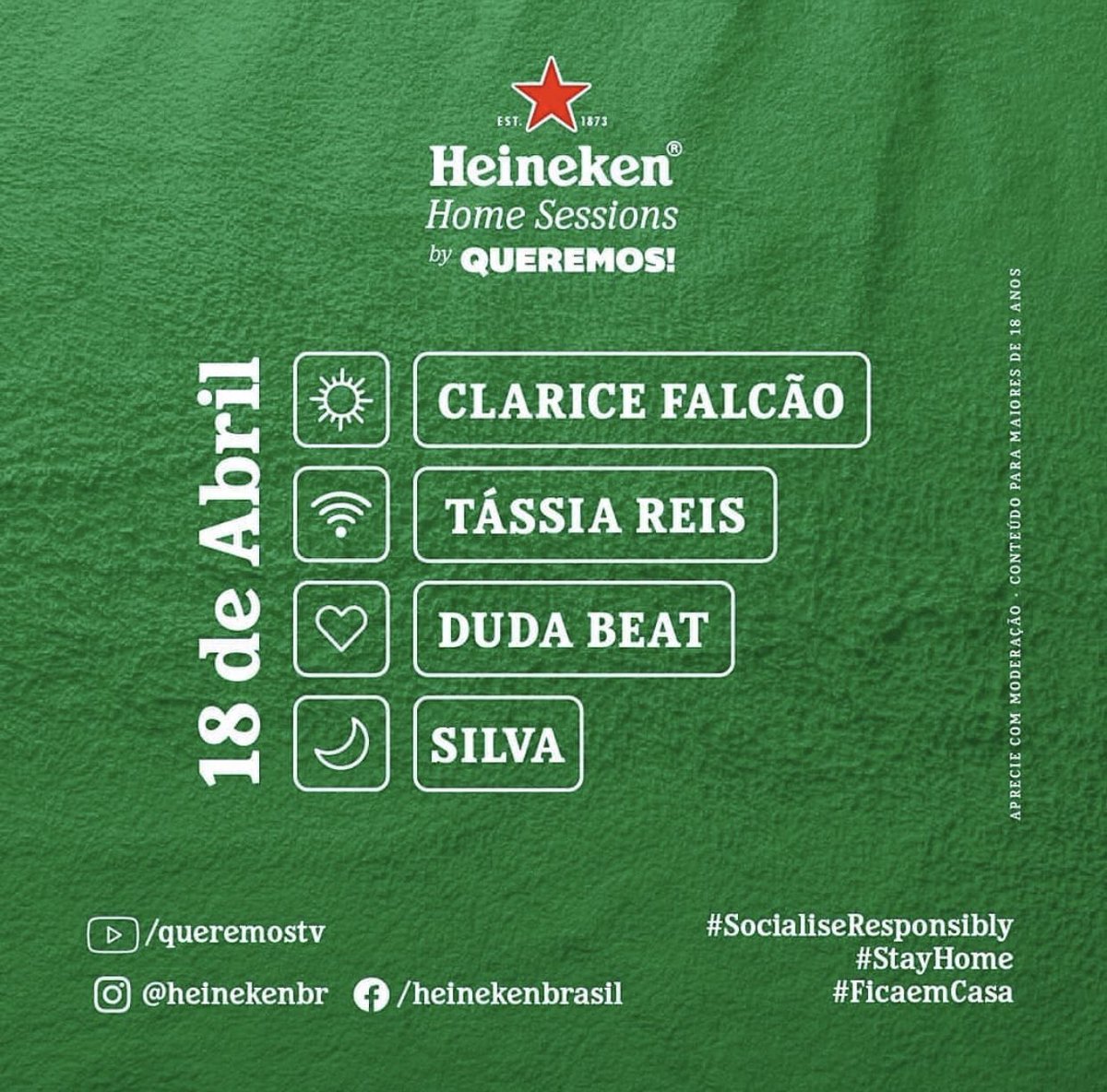 IZAZcc's tweet photo. Hoje começa o #HeinekenHomeSessions com essa lineup incrível pra você matar a saudade de shows, música ao vivo e do seu artista favorito! @dudabeat entra ao vivo no canal do YouTube do @Queremos às 17h40! 💚 Vamos assistir? #FicaEmCasa https://t.co/iuTAz7JllD