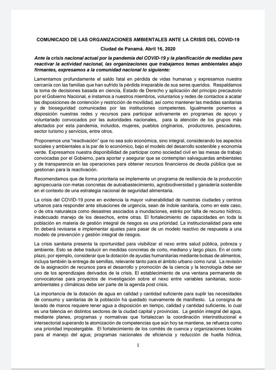 quinnannette's tweet photo. Comunicado de las organizaciones ambientales ante la crisis del covid19.
@FundaChagres @ANCONOrg @CiudaddelSaber @audubonpanama @marvivapanama @LacWetlands @ciampanama #naturapanama #promarpanama #naturalezayciencia507
#ceaspa https://t.co/lTlEfcGYNf