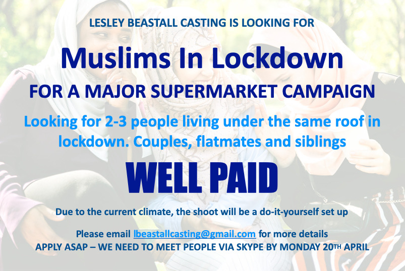 LBCastingTweets's tweet photo. Looking for Muslim couples, flatmates & families to star in an ad. NO ACTING EXPERIENCE NECESSARY! lbeastallcasting@gmail.com ASAP for more details by Monday 20th x PLS RT!
#opportunity #muslim #muslimactor #eid #ramadan #actor #casting #commercial #family #lockdown https://t.co/cVqCaIEO1p