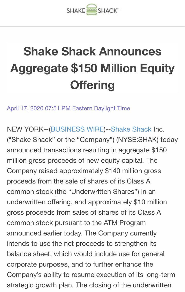 Apparently Shake Shack raised $150 million in an equity offering yesterday, along with getting the $10 million in PPP loans other small businesses desperately need and weren't able to get. Seriously?! H/T  @HowardWPenney  https://twitter.com/firstadopter/status/1251557574316560387