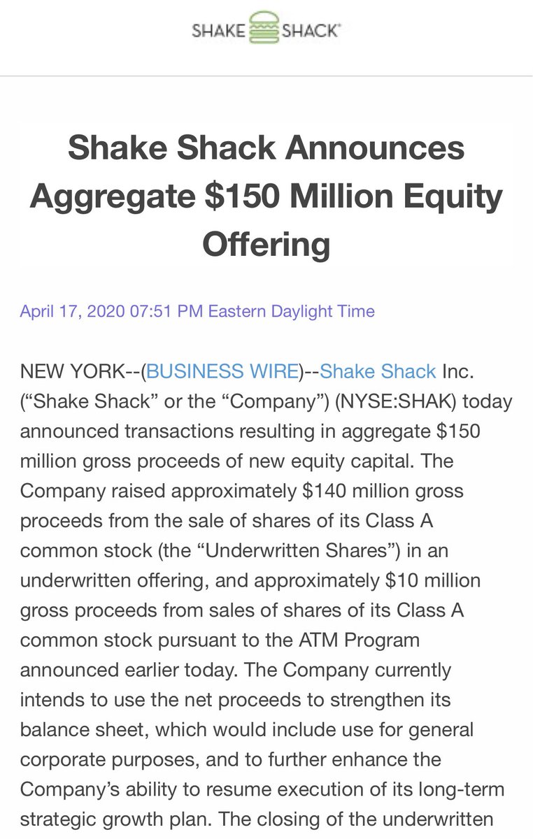 Apparently Shake Shack raised $150 million in an equity offering yesterday, along with getting the $10 million in PPP loans other small businesses desperately need and weren& #39;t able to get. Seriously?! H/T  @HowardWPenney  https://twitter.com/firstadop...