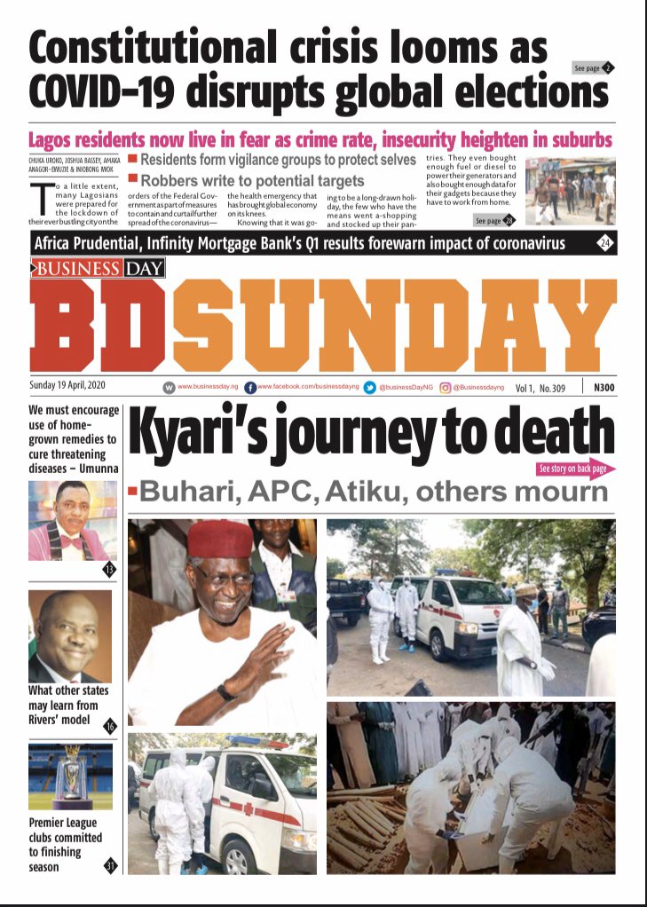 BusinessDayNg's tweet photo. FRONT PAGE: Kyari's journey to death https://t.co/fkoda6WlL9