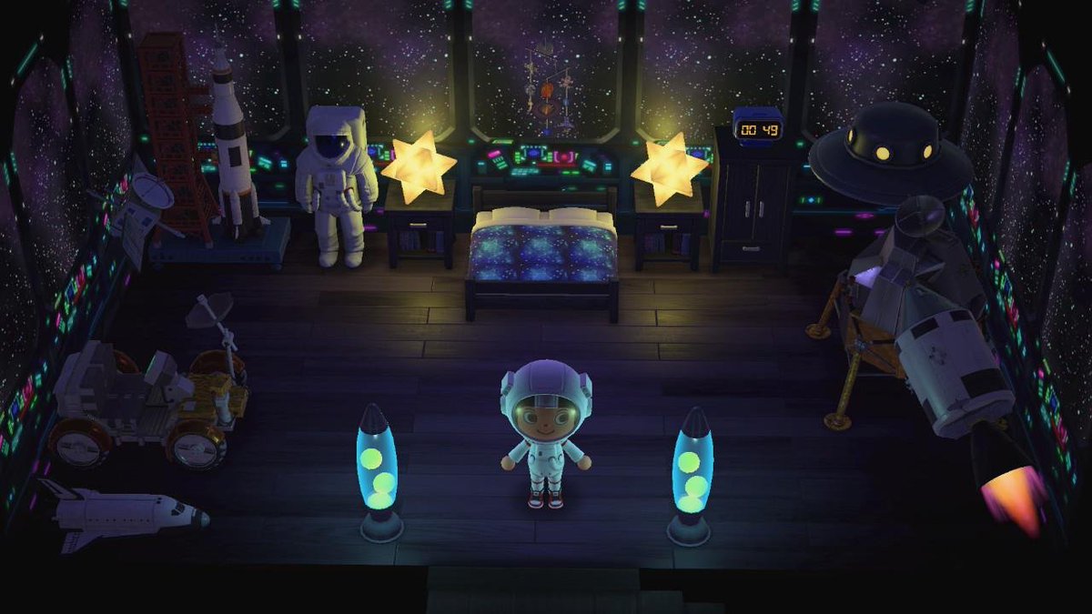 59. Une chambre spatiale(Source :  https://www.reddit.com/r/AnimalCrossing/comments/g3jxu3/my_space_themed_bedroom/)