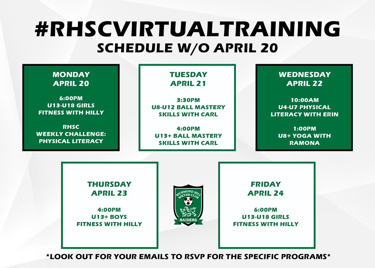 RHSoccerClub's tweet photo. Check out our full schedule of #RHSCVirtualTraining for next week! We are doing our best to continue to serve all of our customers online while we are all at home staying safe. Don’t forget to look out for your emails to RSVP for the specific programs! #RHSC #OntarioSoccer https://t.co/MRI0tcPCht