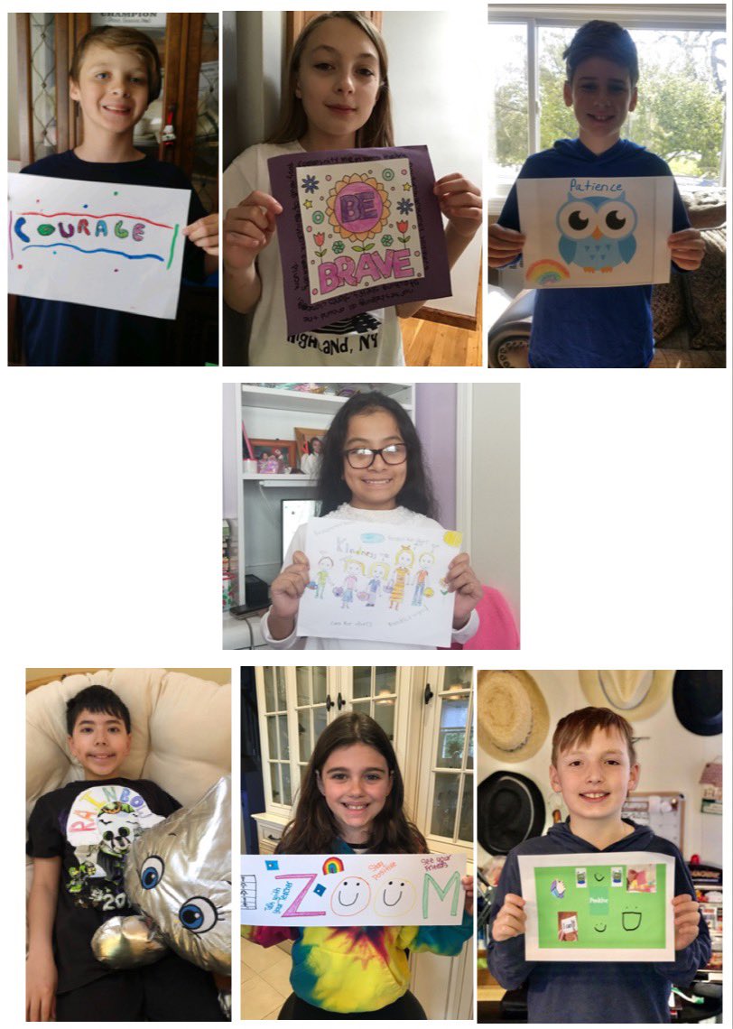 MsMignoli's tweet photo. These kids are so encouraging with their ONE WORD signs! We miss their smiles! @Ms_ASchmitt  @Saw_Mill_Strong https://t.co/uZlH1kZYYr