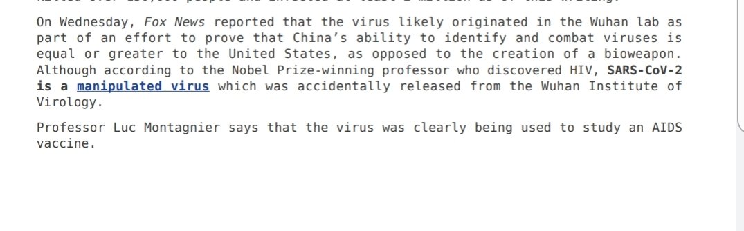 Nobel Prize winning Professor who discovered  #HIV says  #SARSCoV2is a lab-engineered  #virus used to study  #AIDS .  #Pradham  #Montagnier https://twitter.com/FoolsMultiply/status/1247569523231920130?s=19