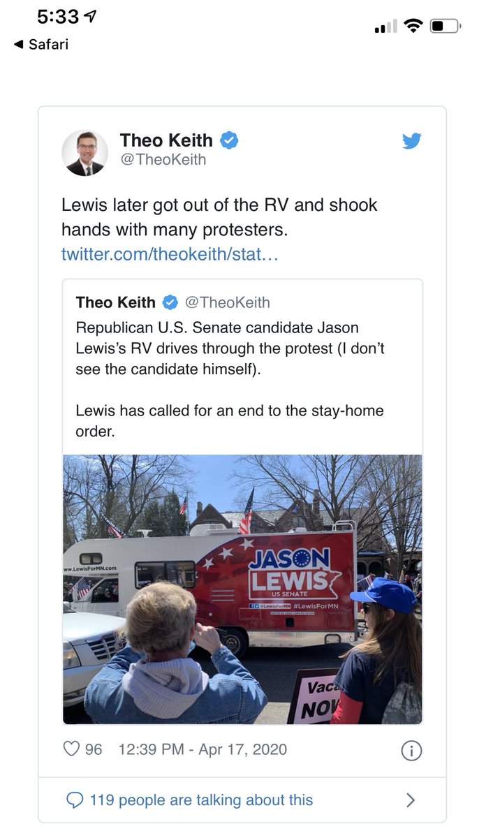 And then there was the A-hole candidate shaking hands with people at a rally to end lockdown yesterday. <a href="/LewisForMN/">Jason Lewis</a> you’re the reason we will still be in one. I get the need to open up - but handshakes?! 🤦🏼‍♂️ Via <a href="/TheoKeith/">Theo Keith</a>