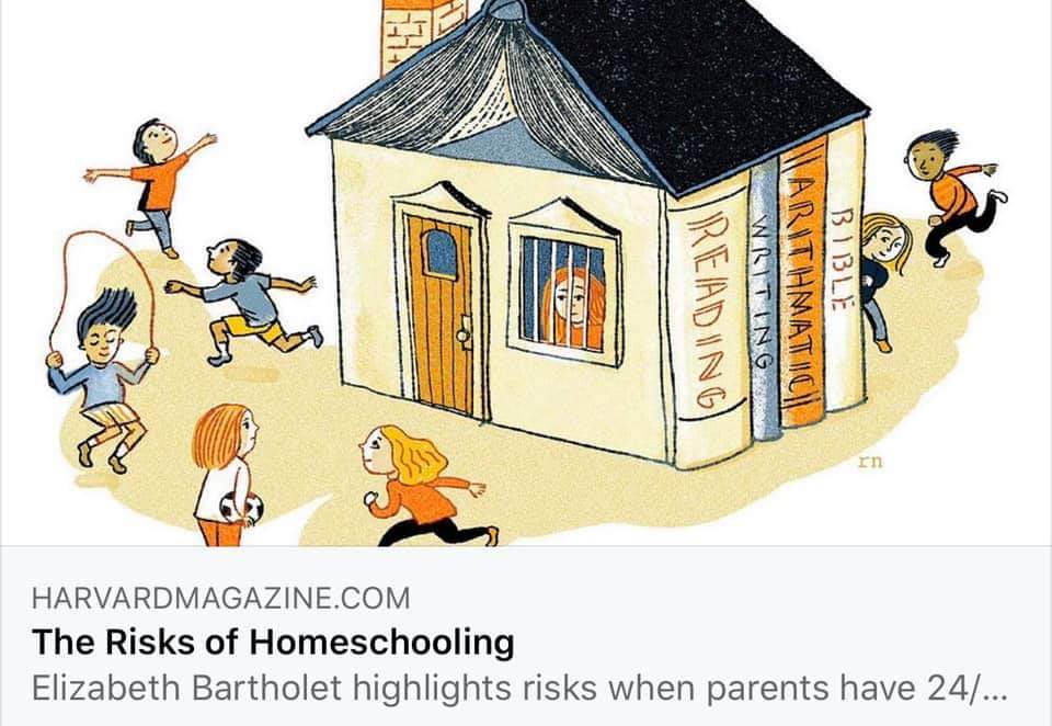 Woah.I just noticed the bizarre cover image used for the Harvard Magazine article.It shows a sad homeschool child imprisoned in a house while the other kids are outside playing.Notice the house is made of books, one of them being the Bible 