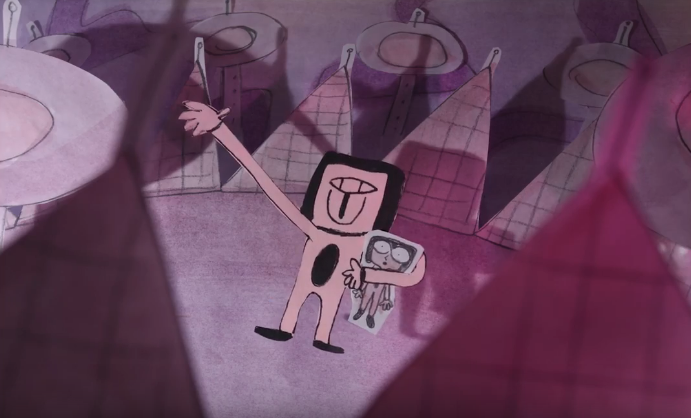 Image is from the film anthology series, Wasteland (2019). An animated scene washed in pinks and purples. A strange looking humanoid character holds another character under its arm, gesturing to their surroundings. The foreground and background are filled with pyramids and tall, satellite-like structures.
