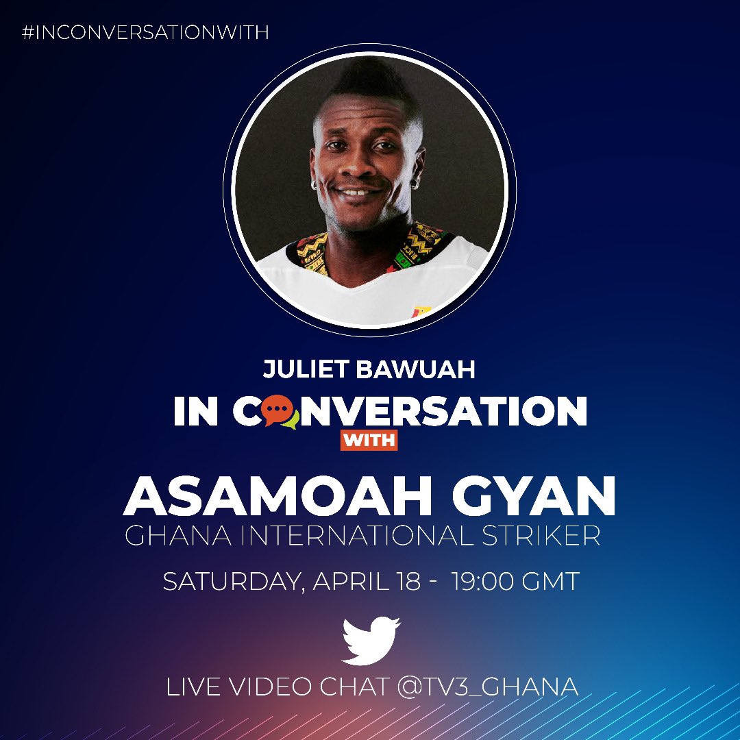 julietbawuah's tweet photo. . @ASAMOAH_GYAN3 joins us on @tv3_ghana in 30mins. 

#InConversationWith https://t.co/jcKc2SJRCb