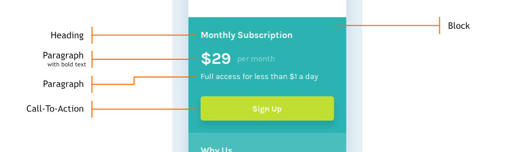 19/25  #Styling "Monthly Subscription Block" NB: - Heading's font weight has been set to normal just like it looks on mockup. - Amount's size provided enough space around it. Hence, no need for margin-bottom. - Call-To-Action used more styles to achieve the mockup's view.