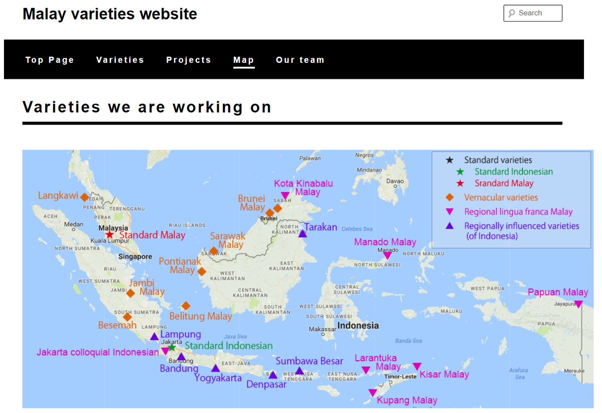 ircprobot's tweet image. &quot;Malay varieties website&quot;
malayvarieties.aa-ken.jp/?page_id=136
Contributors to the ILCAA project known as “Malay Varieties” have collected data to create a map indicating field-sites where each dialect is spoken.
#Malaysia #Indonesia #Malay