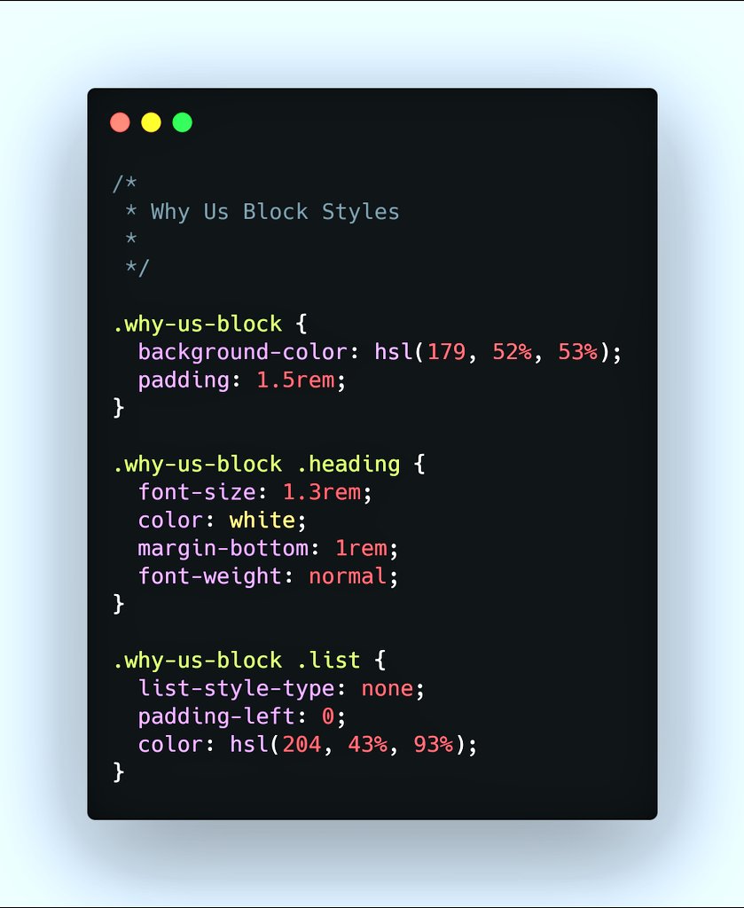 20/25  #Styling "Why Us Block" NB: - The bullets of the list items are removed so it look exactly like that of the mockup. . .. With this step, we conclude the Mobile Design. Next, we will make it look good on larger screens like tablets, laptops, and desktop. #CSS