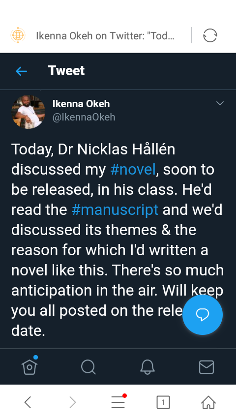 ochebooks's tweet photo. AN ASSIGNMENT IN OWERRI a crime novel by Ikenna Okeh @ochebooks 2019, accepted for academic use by Dr Nicklas Hallen, Upsalla university, Sweden. https://t.co/eylLJawuqV
