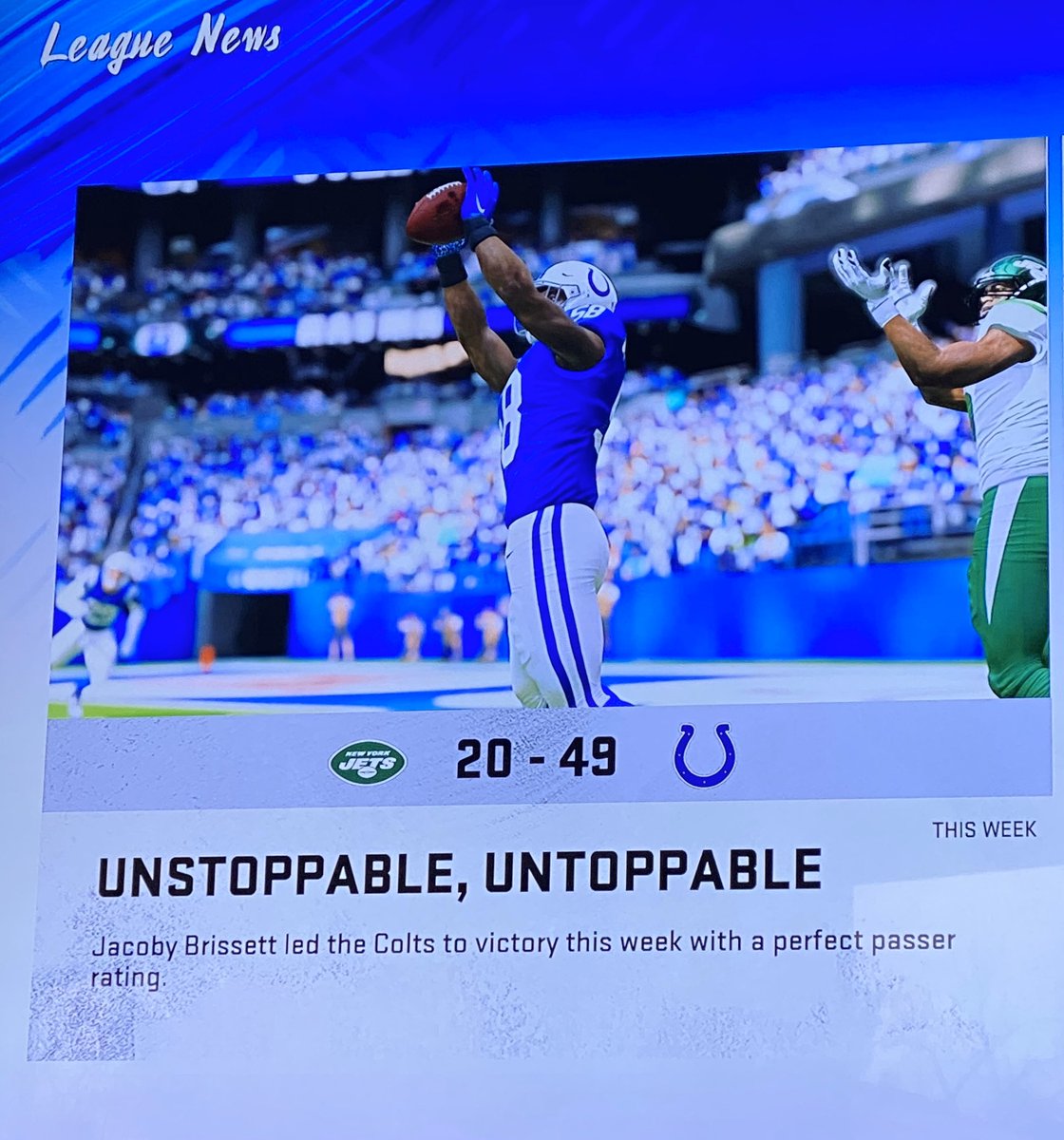GridIndy's tweet photo. @GridMBL Colts make their debut and looked at times very dangerous on both sides of the ball. Although they took on a struggling Jets organization, they went out took care of business in front of a sellout crowd even at 0-9. https://t.co/xm8P2uFIaq