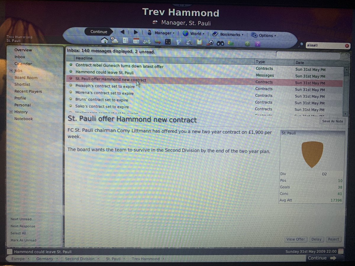 Tr3vski's tweet image. New contract offer... decisions 🤔 #fcstpauli #FootballManager #fm08 #lockdown