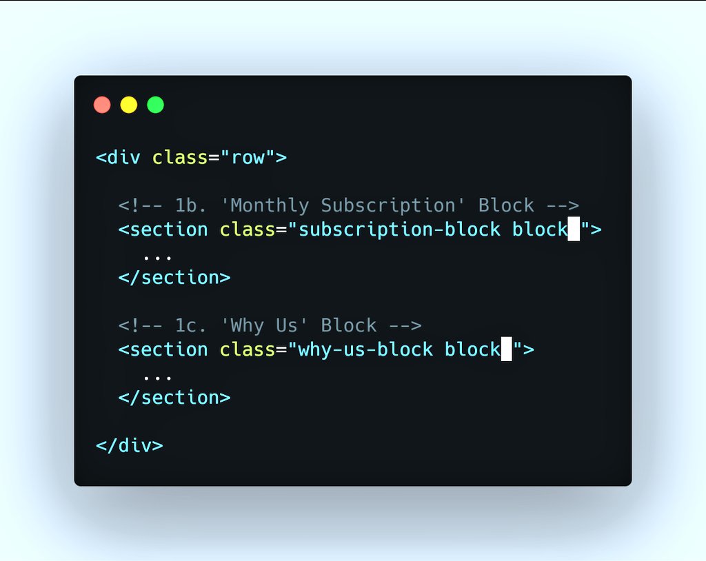 25/25 The following steps align both "Subscription" & "Why Us" block on the same row: 1. Wrap both blocks within a row container. 2. Assign each block a classname of "block".3. Target both blocks at a specified breakpoint (670px). #100DaysOfCode  #CodeNewbie  #WomenWhoCode