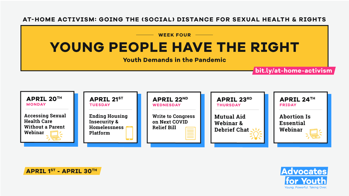 AdvocatesTweets's tweet photo. During this pandemic, young people have the right to:
💊 Sexual healthcare
🏡 Housing
📝 Being included in Congressional stimulus bills
👩🏾‍⚕️ Abortion care

Join us for At-Home Activism to learn how: https://t.co/JpaXxbchH3

(HOT TAKE: young ppl actually ALWAYS have these rights) https://t.co/A2bRErp8kx