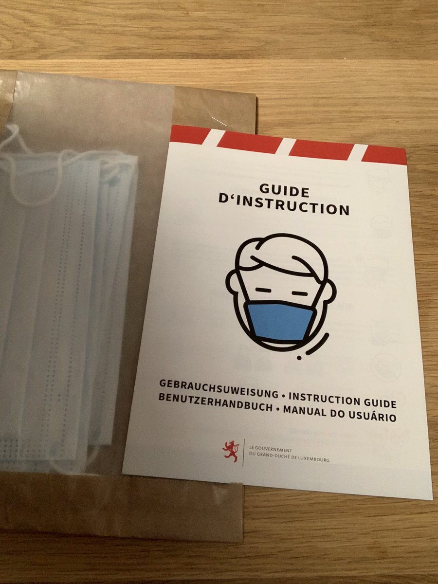 manicato's tweet photo. In Luxemburg ist ab Montag das Tragen von Mundschutzmasken im öffentlichen Transport und in allen Situationen in denen Social Distancing nicht möglich ist, pflicht, deshalb hatten heute ALLE 600 000 Einwohner 5 waschbare Masken im Briefkasten. 👍 https://t.co/KLLsHcDNv7