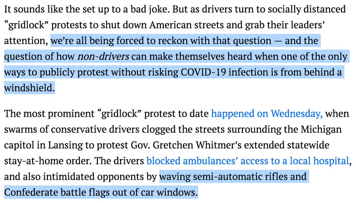 Almost immediately, white supremacy is handily dispensed and the pressing question is said to be one of how non-drivers can be heard over all the street clogging and blocking of ambulances.