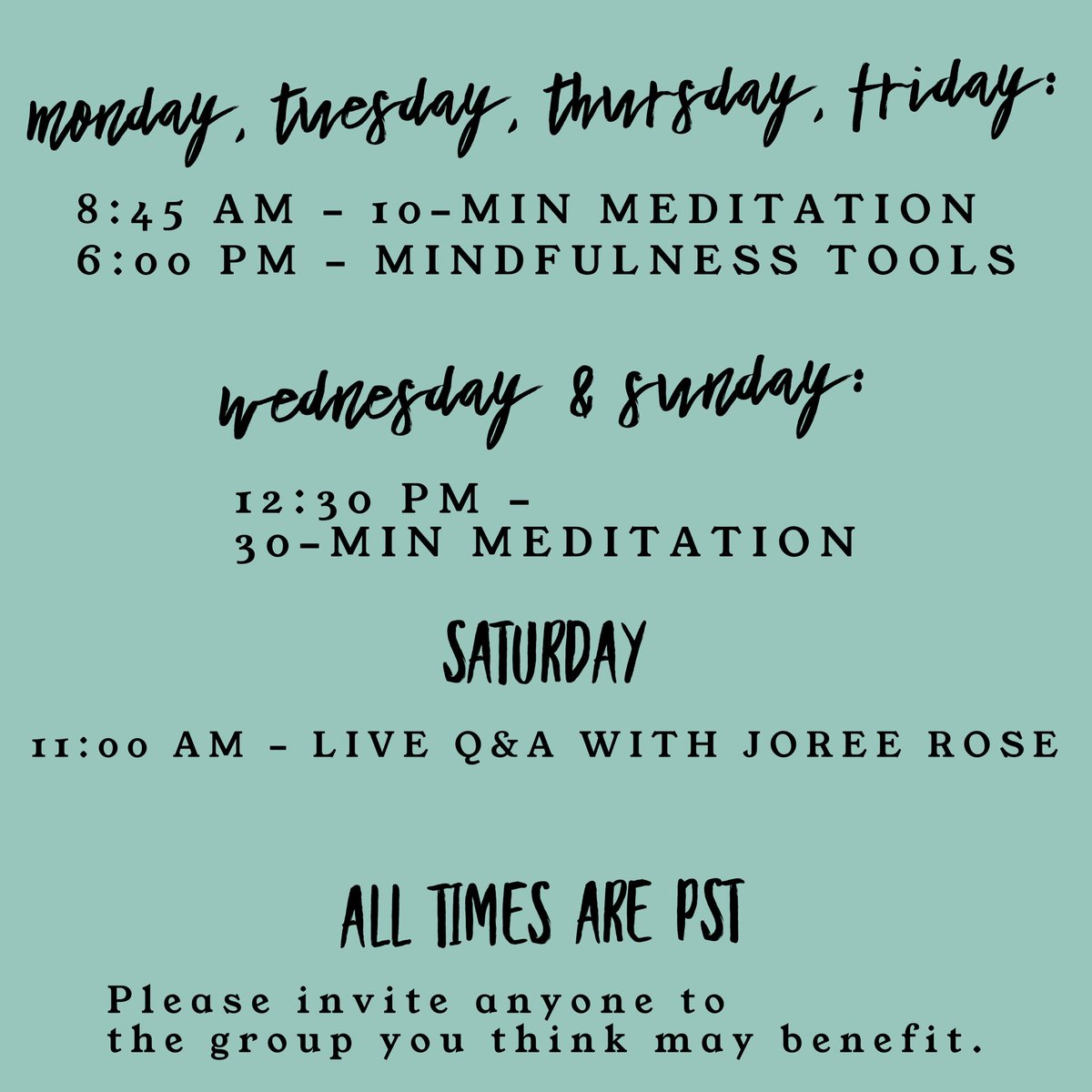 joreerose33's tweet photo. Do you need daily tools to manage your stress, anxiety, fears, relationships and self-care during the pandemic? Join my Facebook Group (link in comments👇🏻). I’m leading daily meditations and mindfulness tools. 
#facebookgroup #facebooklive #journeyforward #mindfulness #meditation https://t.co/dwYSV0P90a