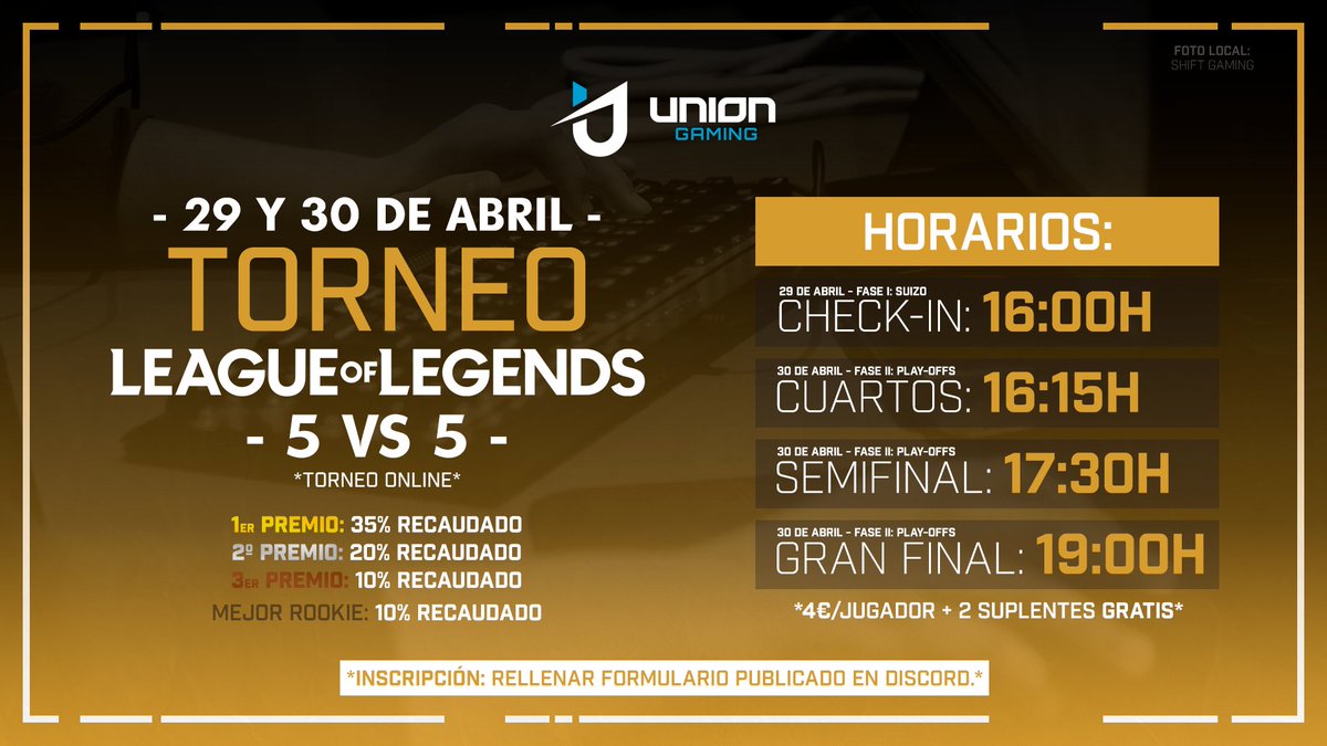 Ya podéis representar a <a href="/MyrtiaGamesBar/">Myrtia Games Bar</a> en la competición de <a href="/UnionGamingEs/">Unión Gaming</a> 🇪🇸

🏆 Torneo #LeagueOfLegends
👥 5vs5

📲 Info. bit.ly/3creRgz
📝 Inscripción: discord.gg/c8R59Pd

🗣️ Busco equipo: discord.gg/CRAbteQ

🏅 No importa tú elo, hay PREMIO mejor rookie 💪🏻
