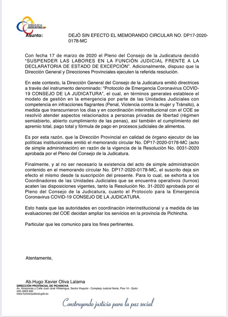 HolguerEC's tweet photo. Anticipamos que era #OtroError. El @CJudicaturaEc deja sin efecto el memo mediante el cual restringía la garantías constitucionales, tras los jalones de orejas de la @CIDH y @CorteConstEcu que obligaba a entregar en tres días un informe #COVID19Ecuador #MuerteCruzada https://t.co/V7ltIcXWdv