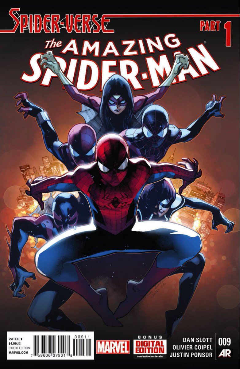 For people who& #39;ve never read the original Spider-Verse... it& #39;s very different, way more violent, but it does feature Peter Parker, Miles Morales, Spider-Ham, Spider-Man Noir, Spider-Man 2099, Spider-Man & #39;67, and introduced Peni Parker and... Spider-Gwen! :-O