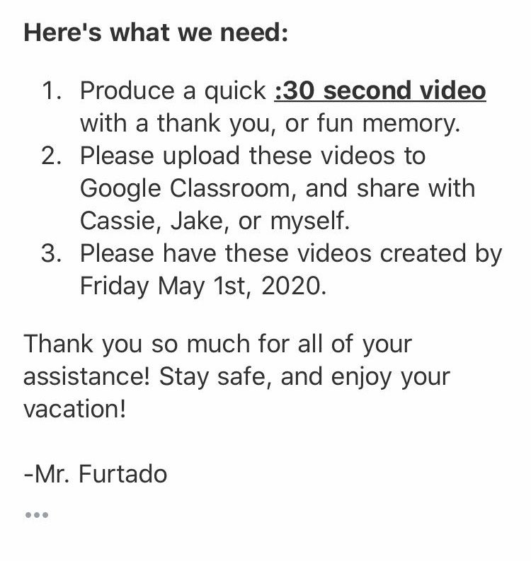 Hi guys we need your help! Two seniors are trying to put together a video for our grade and they need help with submissions from us.