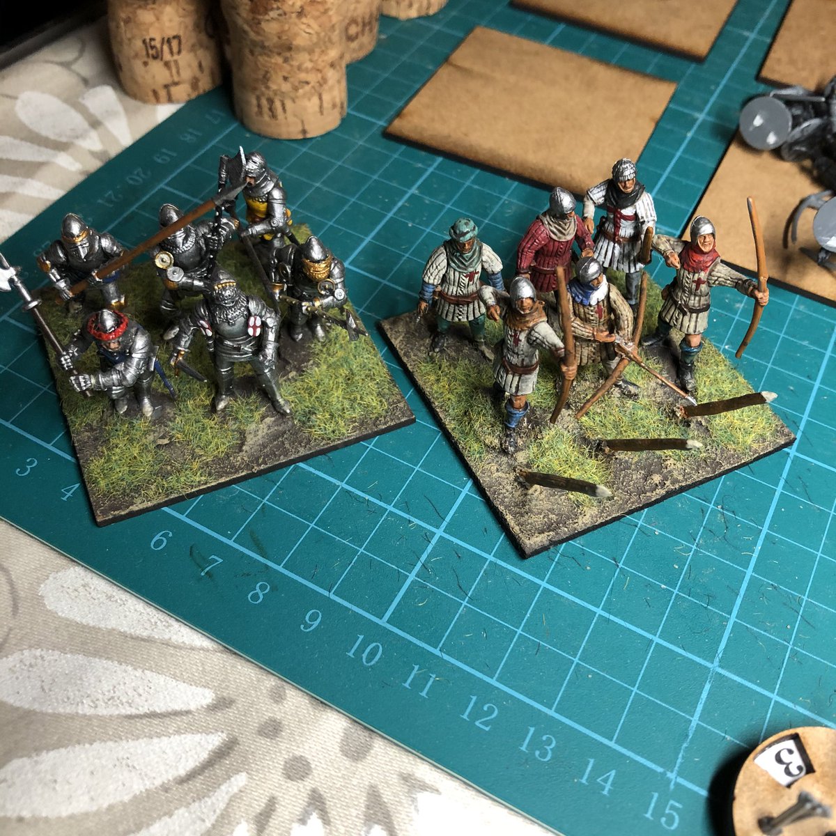 These test bases are what convinced me to get the rest done: one of men at arms, and the other of longbowmen. Models are all from the  #perryminiatures range.