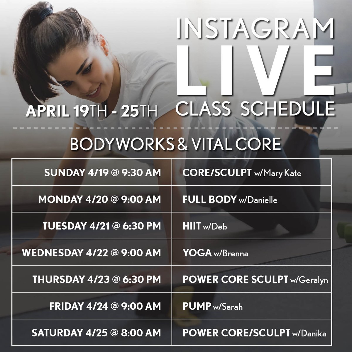 BodyworksWoburn's tweet photo. We hope everyone is staying healthy, staying positive and staying home as much as possible!
.
Here is the IG LIVE WORKOUT SCHEDULE for 4/19-4/25. 
.
Workouts are posted to Facebook after the live version on Instagram.
.
#bodyworks #bodyworkswoburn #instagramlive #onlineworkout https://t.co/Myu4QrVSBd