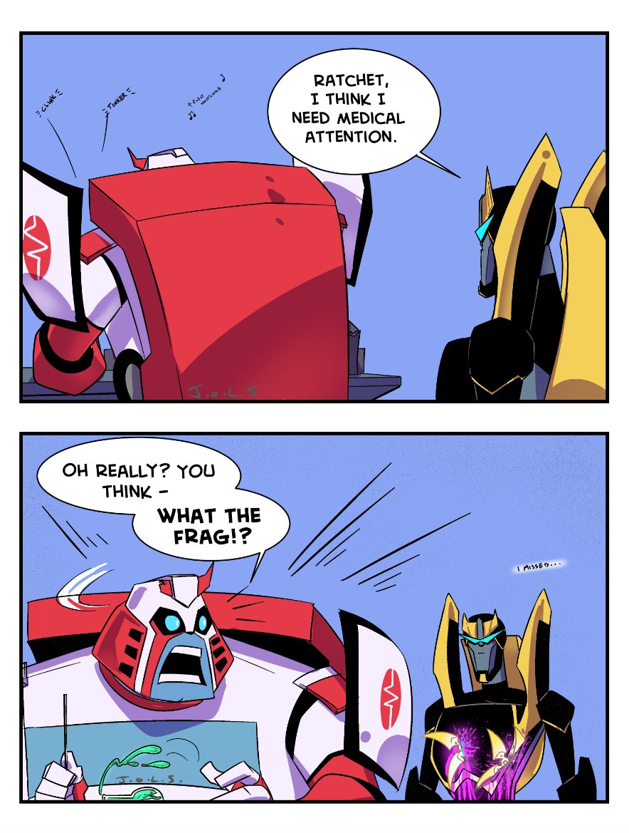 JarOLooseScrews's tweet image. This keeps popping up in my Tumblr notifs so I had another laugh at how completely unconcerned Prowl is that he&apos;s bleeding out. (Does this need a robo blood warning?)

Need to do more silly comics.

#TransformersAnimated #robotblood