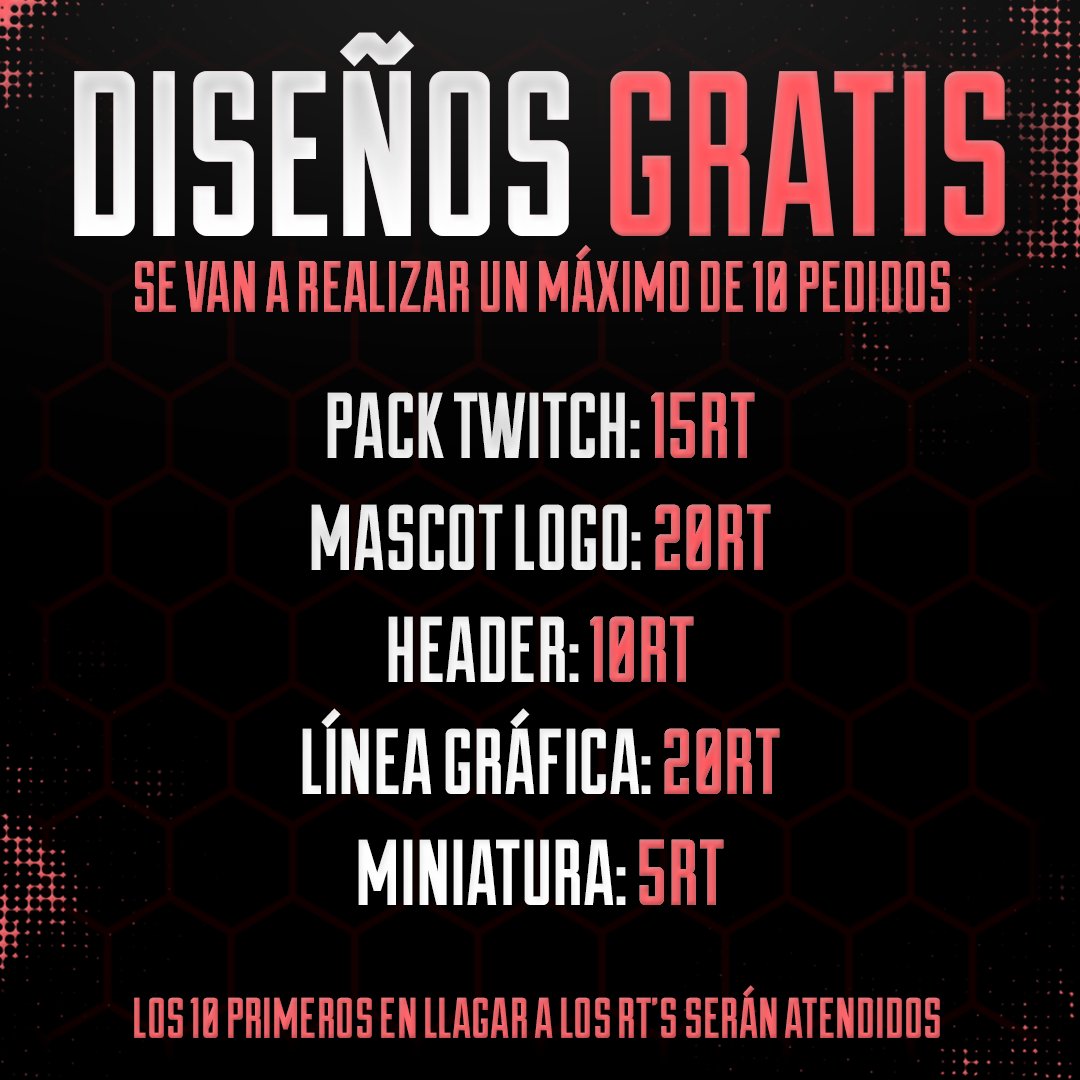 ¡DISEÑOS GRATIS PARA TODOS!
Cumple los requisitos y mándame un MD.
(Los 10 primeros en cumplir los requisitos van a ser atendidos)

@eSportsHelpRT 
@EsportsAyudasRT 
@AyudaJugador 
@AyudaJugador2 
@Promo_eSportsRT
@rtsmallstreams 

#buscogfx #necesitounlogo #GFXDesigner #mascot