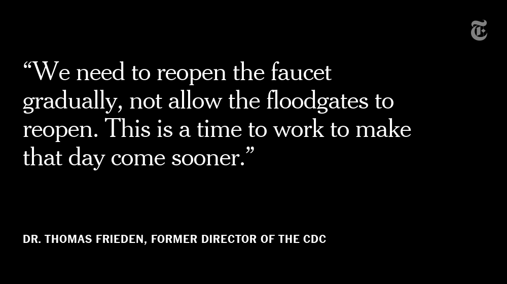 nytimes's tweet photo. The lockdowns will end, but haltingly.

If Americans pour out in full force before a vaccine or another protective measure emerges, all will appear quiet for maybe 3 weeks. Then new caseloads will soar again. https://t.co/2ZsWd5NX4H https://t.co/XujehOQyke