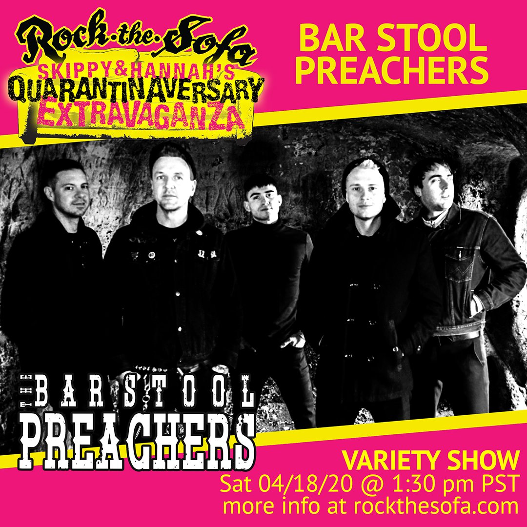 Rock The Sofa (@rock_the_sofa) on Twitter photo BAR STOOL PREACHERS <a href="/BarPreachers/">BarStoolPreachers</a> - variety show (tune in and find out!) - Sat 04/18/20 - 1:30 pm PST - 2:30 pm MST - 3:30 pm CST - 4:30 pm EST - streaming on Instagram:
instagram.com/thebarstoolpre…
Facebook Live: facebook.com/thebarstoolpre…
#RockTheSofa #Quarantinaversary BAR STOOL PREACHERS <a href="/BarPreachers/">BarStoolPreachers</a> - variety show (tune in and find out!) - Sat 04/18/20 - 1:30 pm PST - 2:30 pm MST - 3:30 pm CST - 4:30 pm EST - streaming on Instagram:
instagram.com/thebarstoolpre…
Facebook Live: facebook.com/thebarstoolpre…
#RockTheSofa #Quarantinaversary