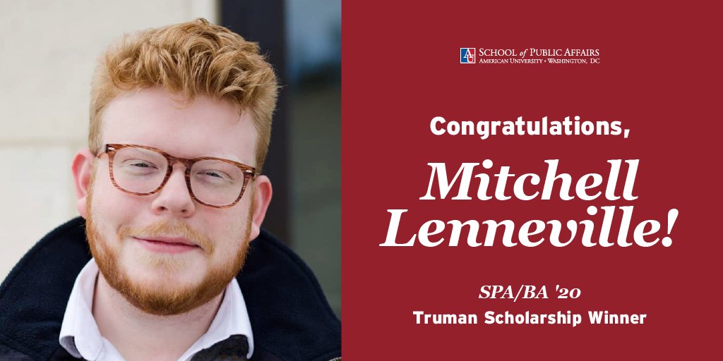 AU_SPA's tweet photo. #SPASpotlight: Mitchell Lenneville (SPA/BA ‘20) has been awarded the 2020 @TrumanApp scholarship from the Harry S. Truman Scholarship Foundation. It is one of the nation's premier graduate fellowships for those pursuing careers in public service. Read: https://t.co/ovEgKW3sa4 https://t.co/cTOqySNObN