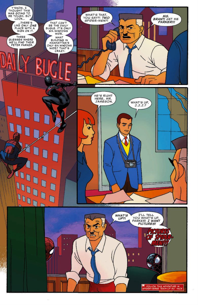 Check out this comic Spider-Verse moment where Ultimate Spidey teams up with Ultimate Spidey to enlist Spidey & #39;67. Love this. This is one of the only pages of Spider-Verse where I own the original art. This page is everything for me. :) (Spider & #39;67 was my entry point to Spidey!)