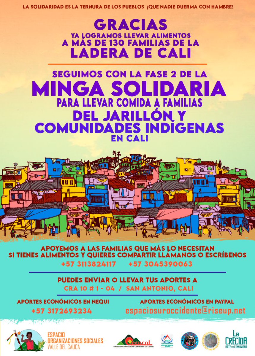 CasaFractalCali's tweet photo. Más de 130 familias de la ladera de Cali ya fueron apoyadas con alimentos, seguimos recaudando donaciones para ayudar a las familias del Jarillón y las Comunidades Indígenas de Cali.
Más info 311 382 4117 y 304 539 0063

#MingaSolidaria
#EcosistemaMovimientosSociales https://t.co/WNb8GO6tBV