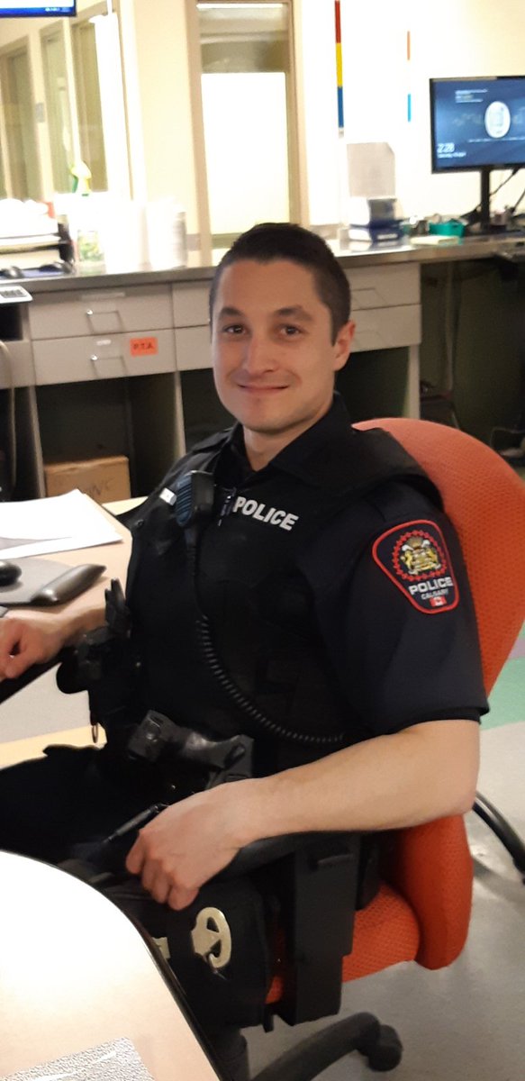 SuptBoyd's tweet photo. This is CST. Valois. He's normally a bail hearing officer @CalgaryPolice Arrest Processing.  But today when his phone rang, there was a suicidal male on the line. Thanks to his caring nature, calm communication and a bunch of great coordination from patrol, this ended well. #yyc https://t.co/70mdPwHALs