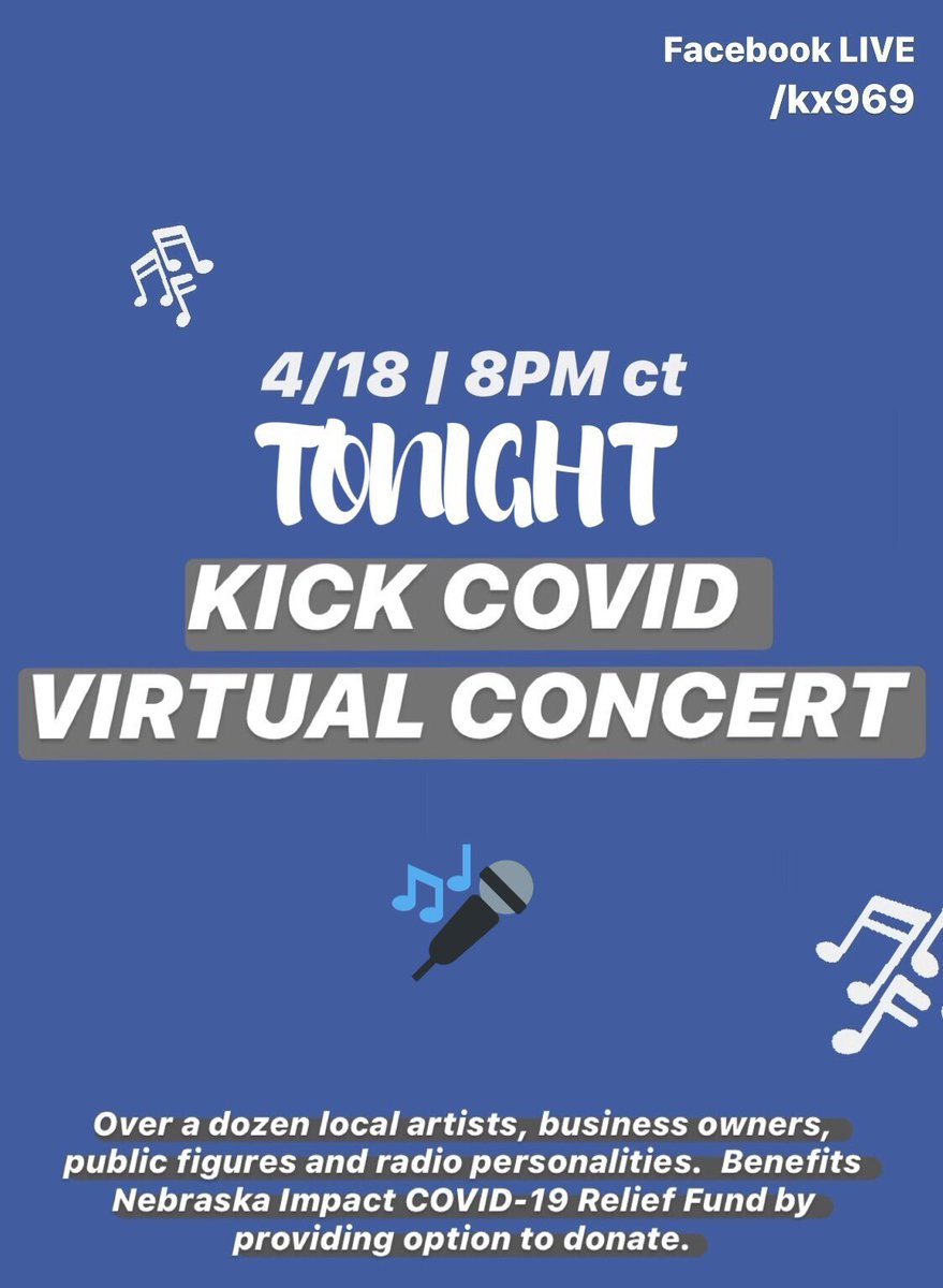KZKX969's tweet photo. Over a dozen #Nebraska musicians will perform a LIVE virtual concert on our Facebook tonight
- also featuring local business owners, radio personalities and public figures for intros! #KickCovid @nebimpact https://t.co/lYqvNhB4ZQ
