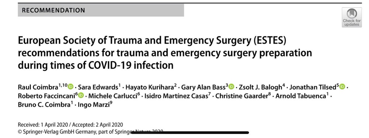 European Society for Trauma & Emergency Surgery (@estesonline) on Twitter photo ESTES Recommendations for Trauma and Emergency Surgery preparation during COVID-19. Open Access: rdcu.be/b3D6X ESTES Recommendations for Trauma and Emergency Surgery preparation during COVID-19. Open Access: rdcu.be/b3D6X