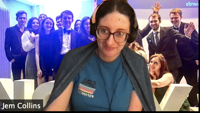 Jem_Collins's tweet photo. Lockdown me is on an @SPAJournalism pub style catch up with my #SPANC17 t-shirt on and a #SPANC19 virtual background. Also a blanket and wine. Lots of wine. https://t.co/MIEoRqUHKr