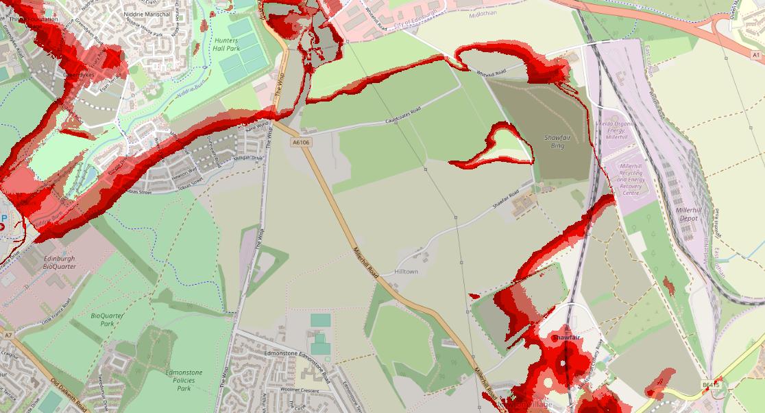 And looking at the 50m contour in the wider area - very close to that map route... And colouring by elevation (red 40m, green 50, blue 60, yellow 70, magenta 75, grey 80+) /11